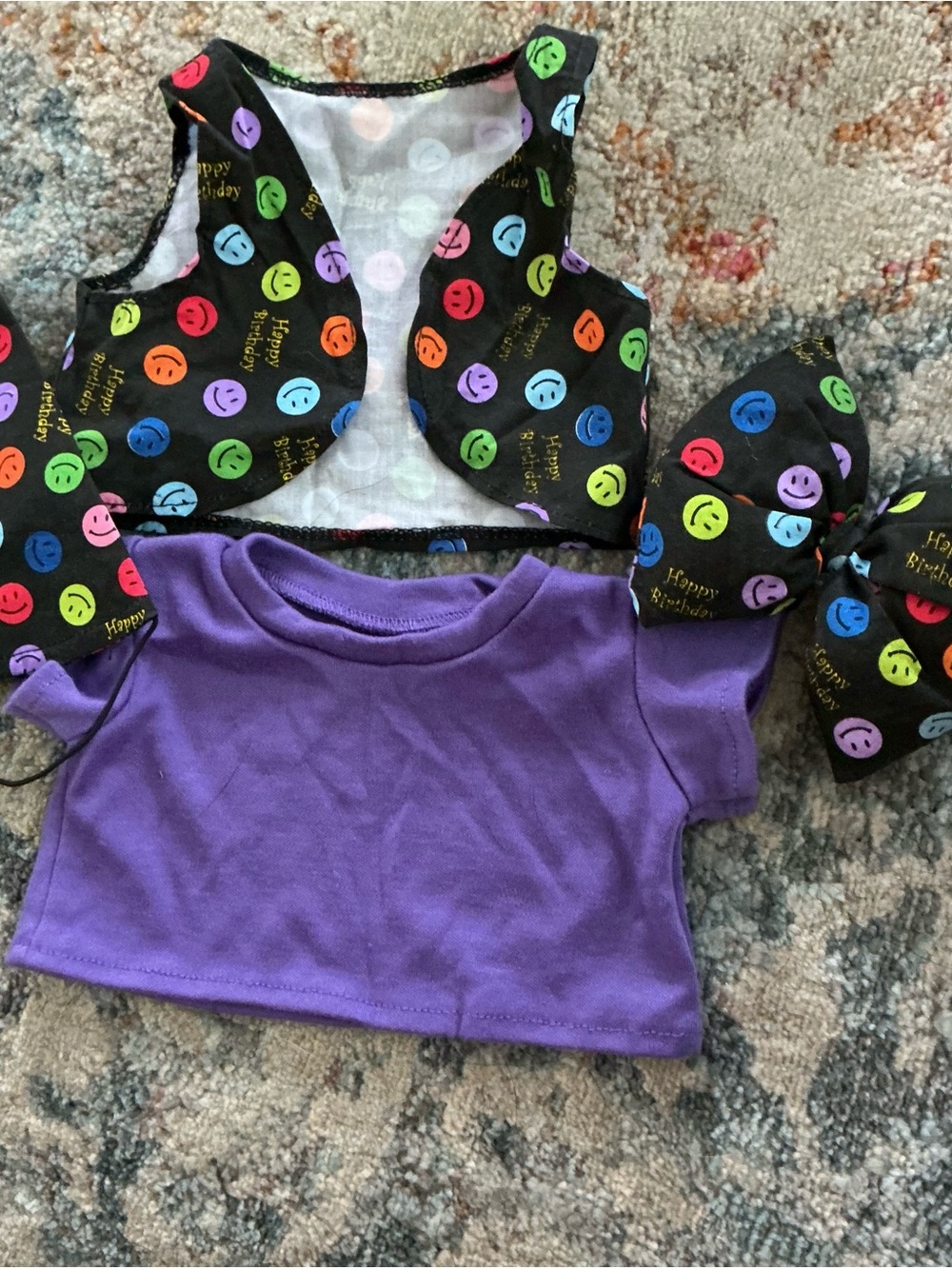 Build-A-Bear Purple Top with Black Multicolor Smiley Vest & Bow